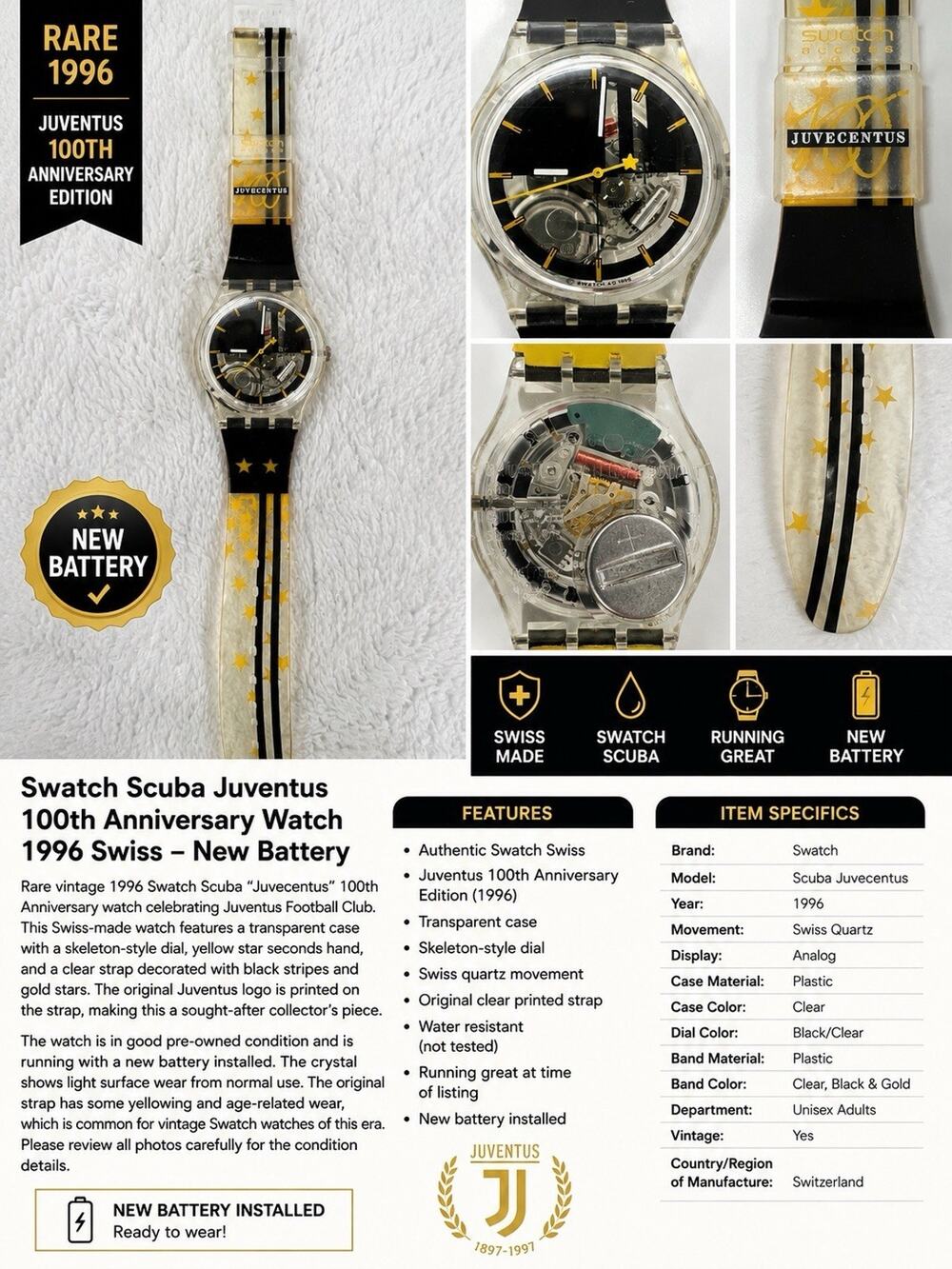Swatch Juventus 100th Anniversary Watch 1996 Swiss Clear Skeleton New Battery